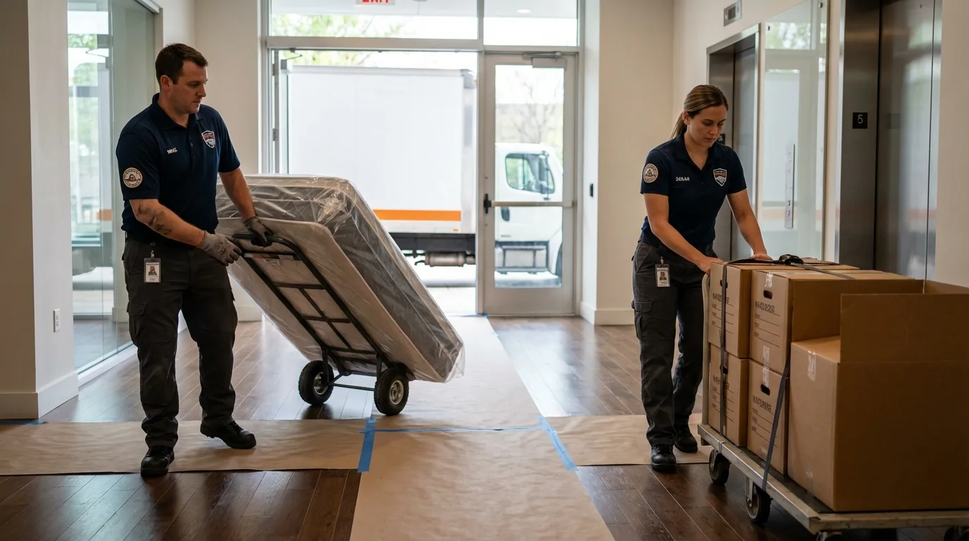 Professional apartment movers loading elevator in Braintree, MA