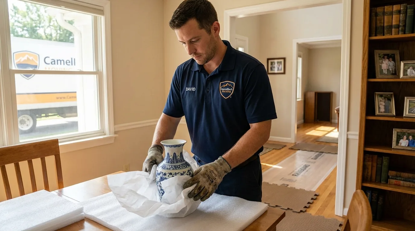 Professional crew carefully wrapping antique vase for senior downsizing move in Braintree, MA